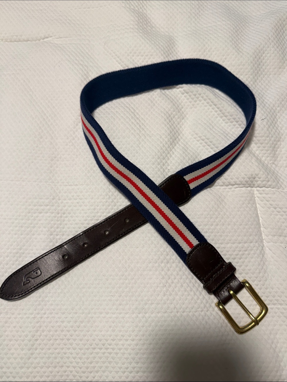 Men's Navy, White, & Red Stripe Brown Leather Vineyard Vines Belt